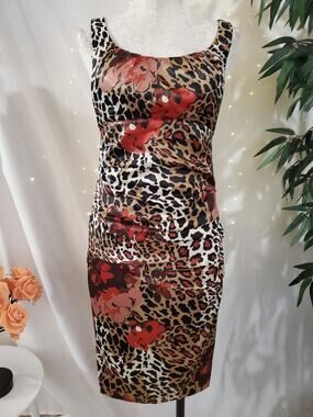 Vtg Y2K Signature by Sangria Animal Leopard Floral Satin Ruched Wiggle Dress 4
